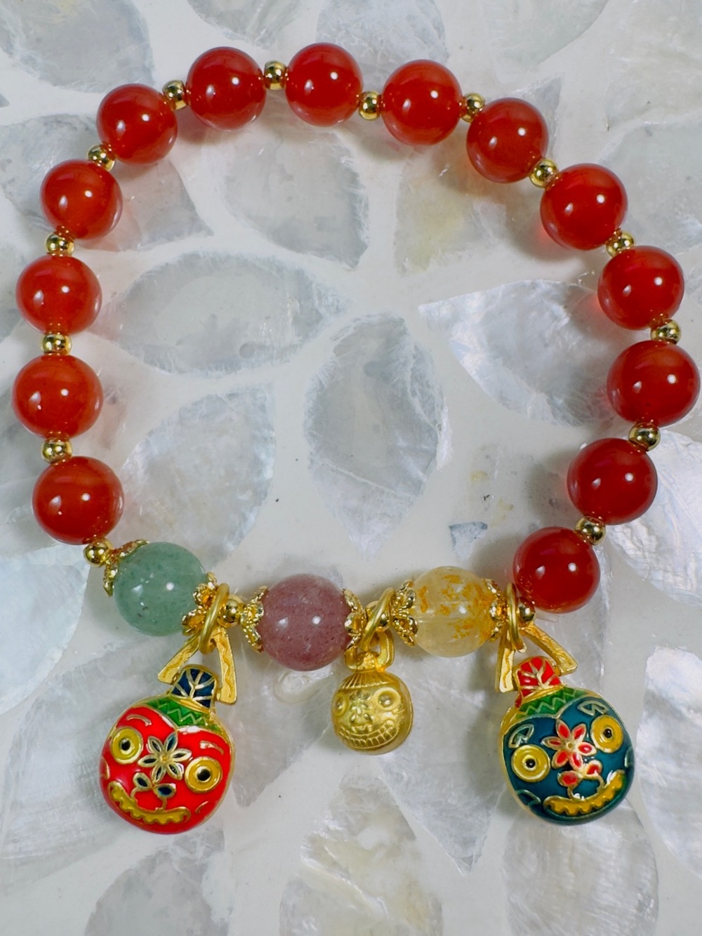 Gold Accent Red Bead Charm Bracelet with Multicolor Charms